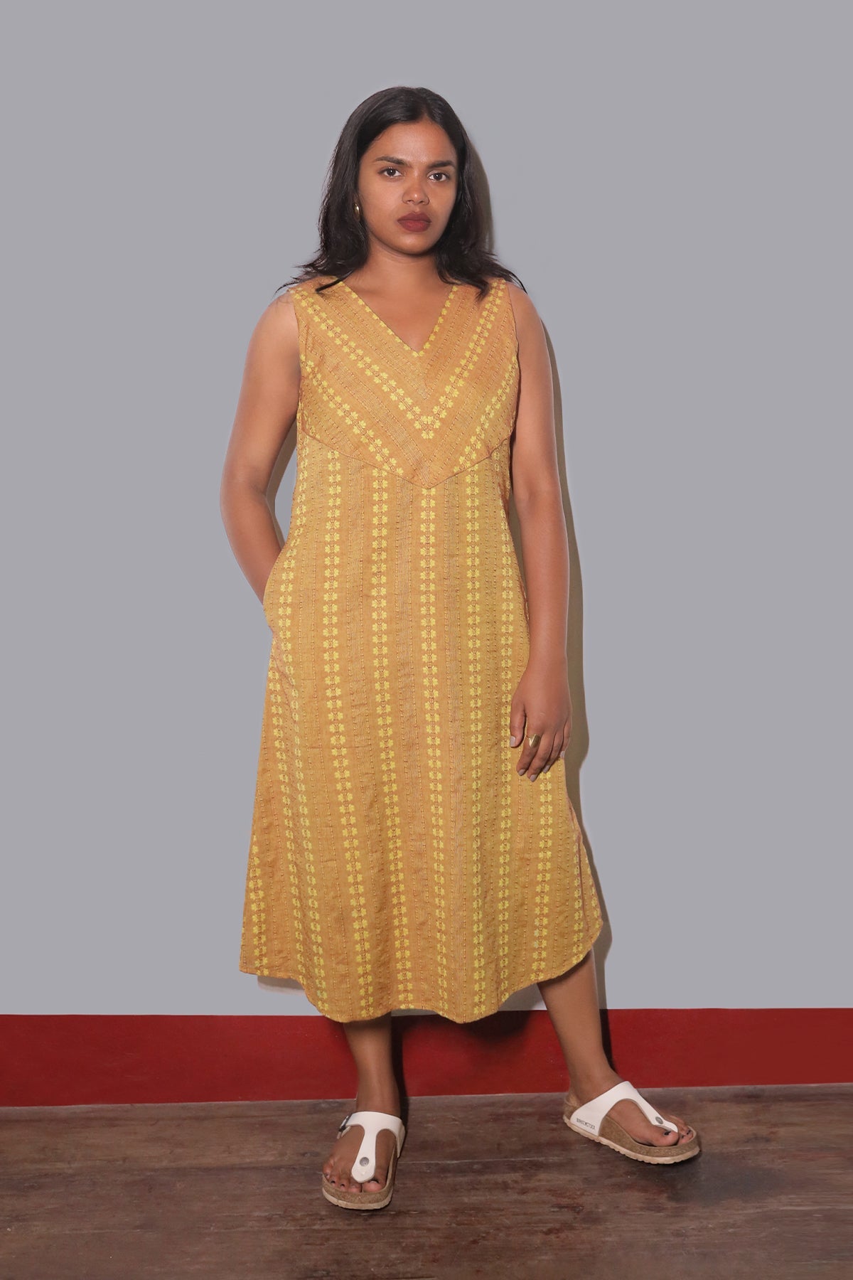 FLEX OXFORD FLORA MUSTARD  A-LINE DRES