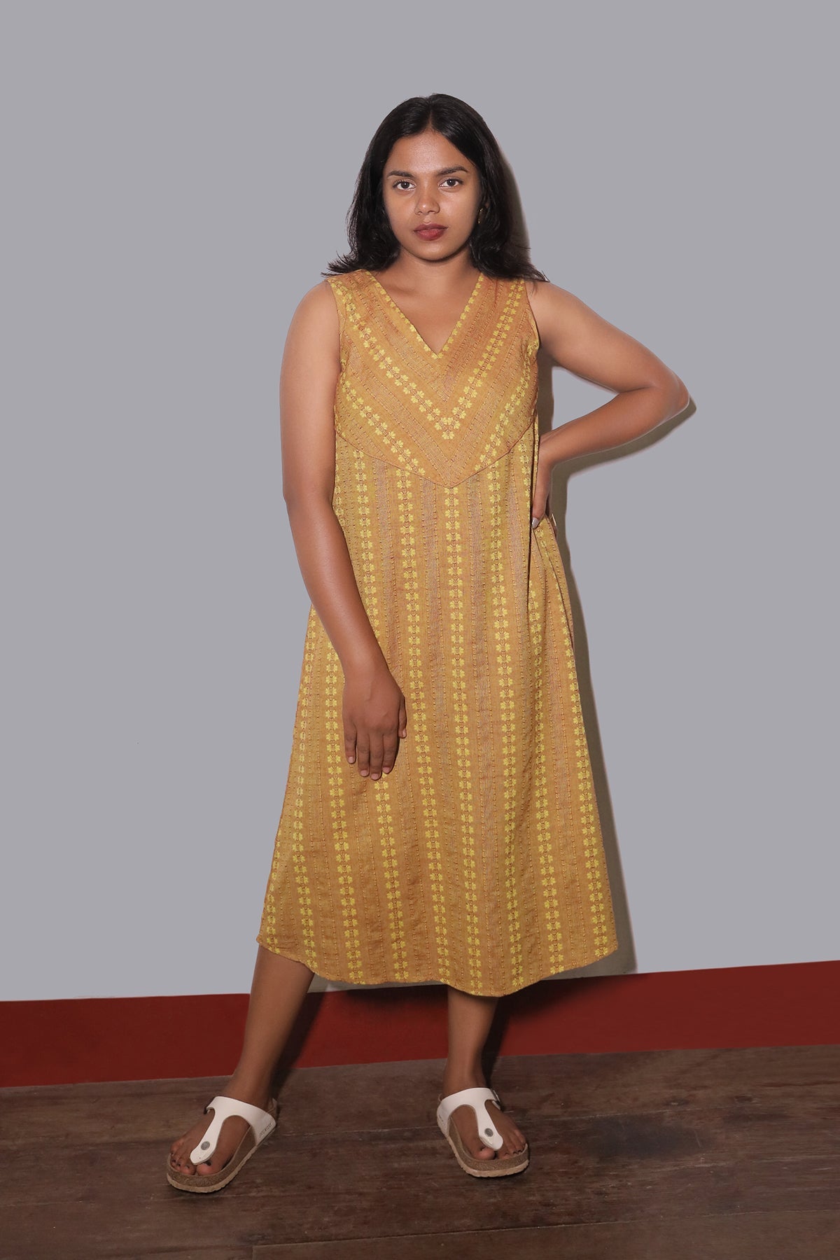 FLEX OXFORD FLORA MUSTARD  A-LINE DRES