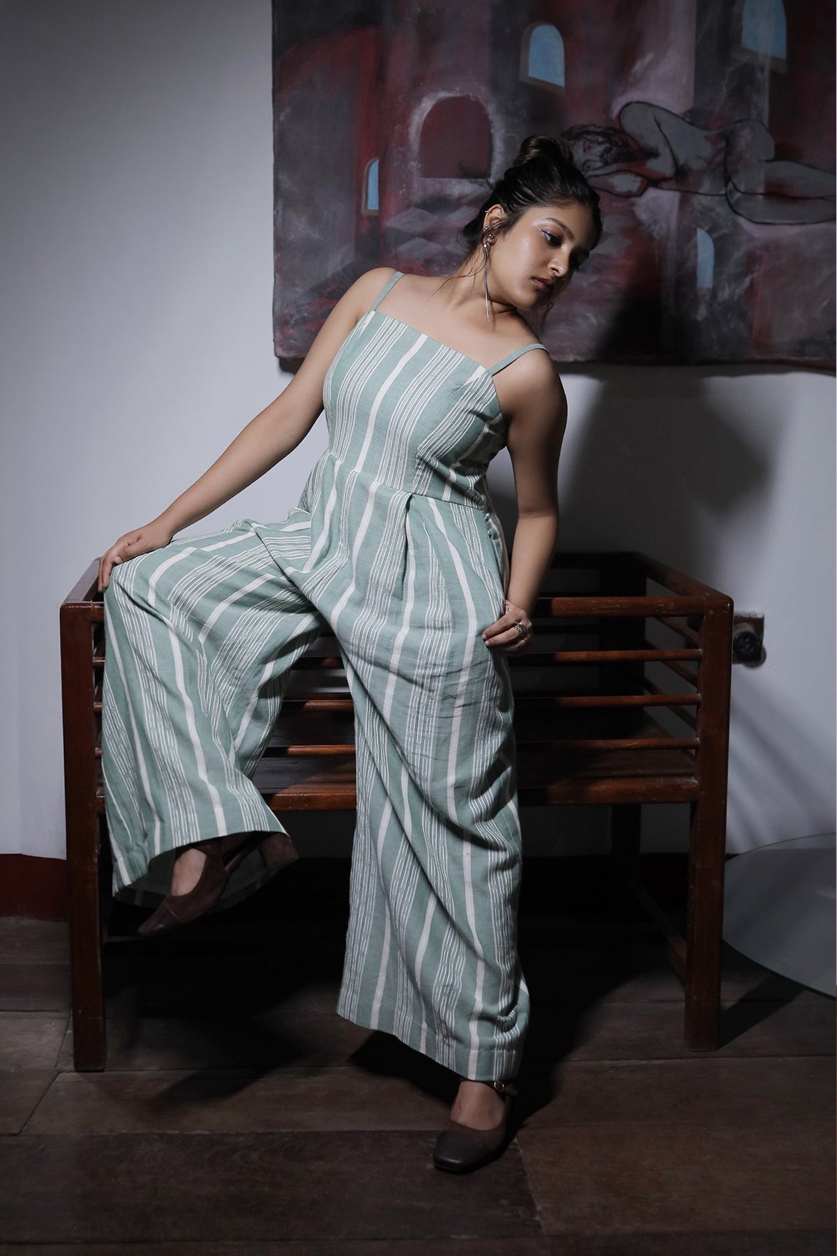 STRIPE COTTON LINEN DOBBY JUMPSUIT