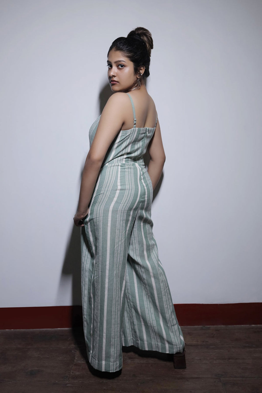 STRIPE COTTON LINEN DOBBY JUMPSUIT