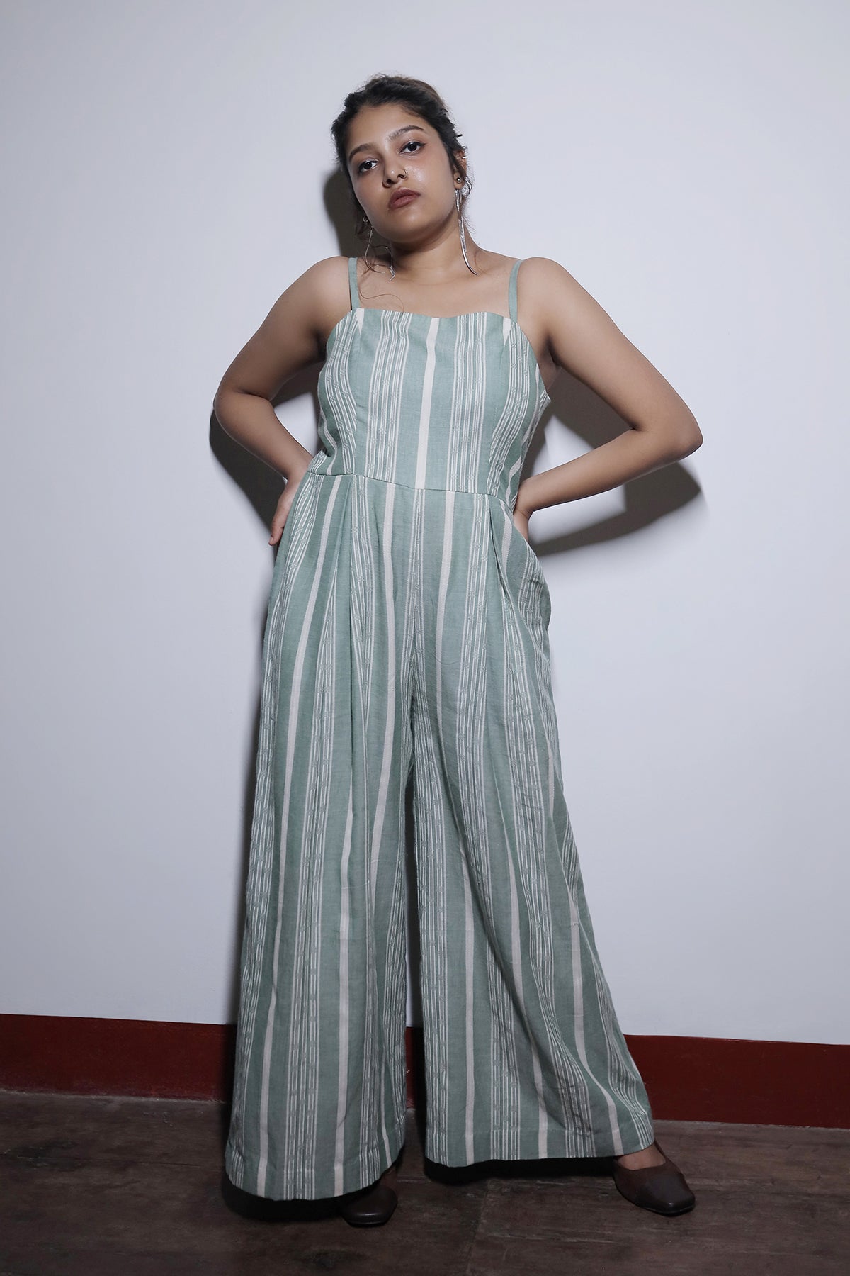 STRIPE COTTON LINEN DOBBY JUMPSUIT