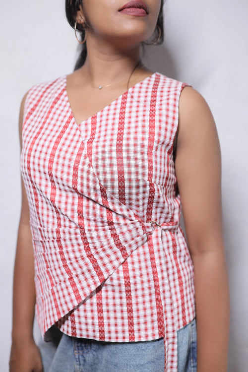 CHECK EMBROIDERED SCARLET RED WRAP VEST