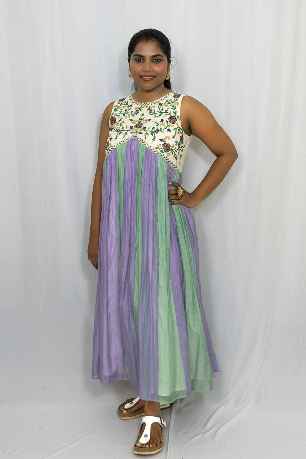 VADAMULLA BLOSSOM CHANDERI PANEL DRESS