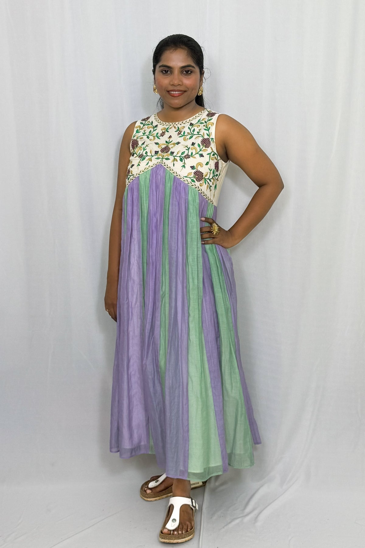 VADAMULLA BLOSSOM CHANDERI PANEL DRESS