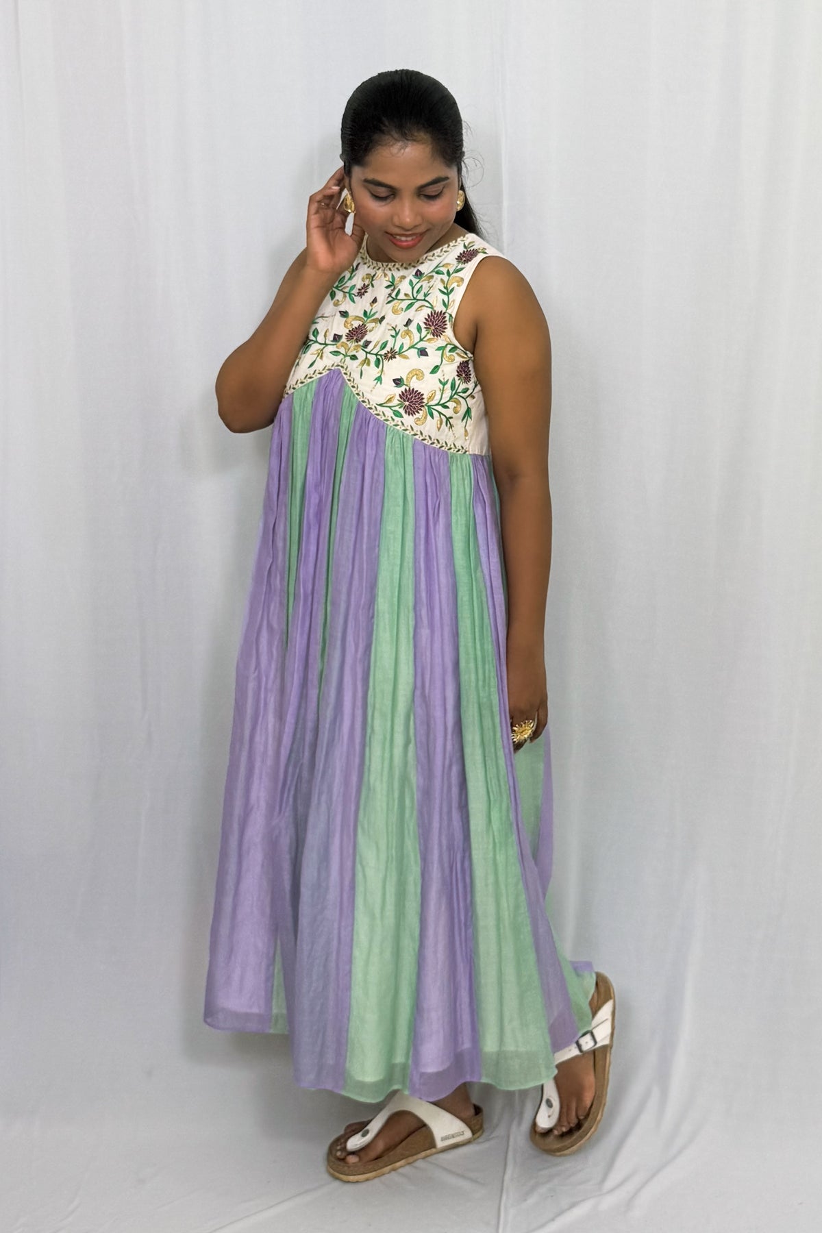 VADAMULLA BLOSSOM CHANDERI PANEL DRESS