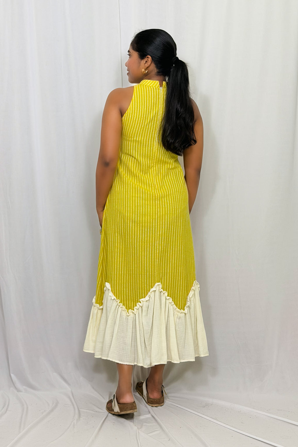 SELF DOBBY HALTER NECK DRESS
