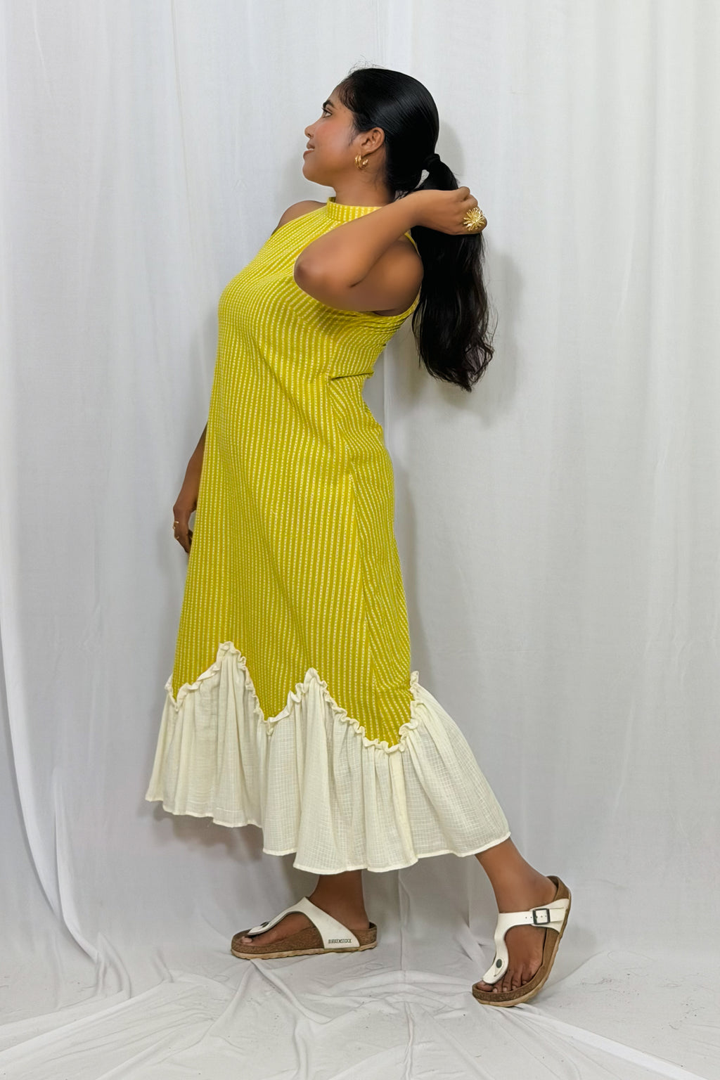 SELF DOBBY HALTER NECK DRESS